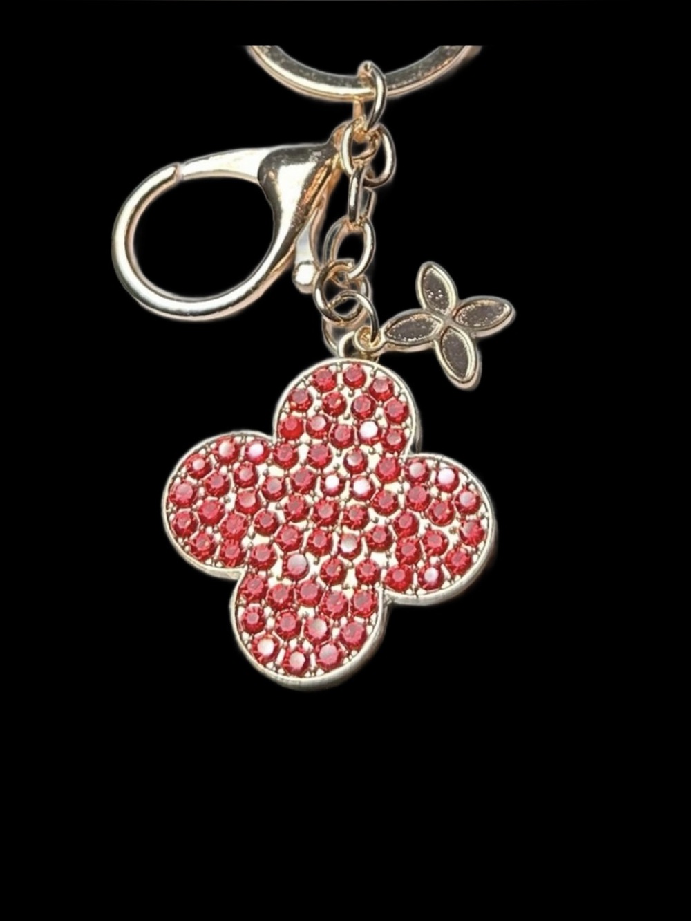 Red Clover Keychain & Purse Charm with Rhinestones; Gold hardware NWT. Gift Idea